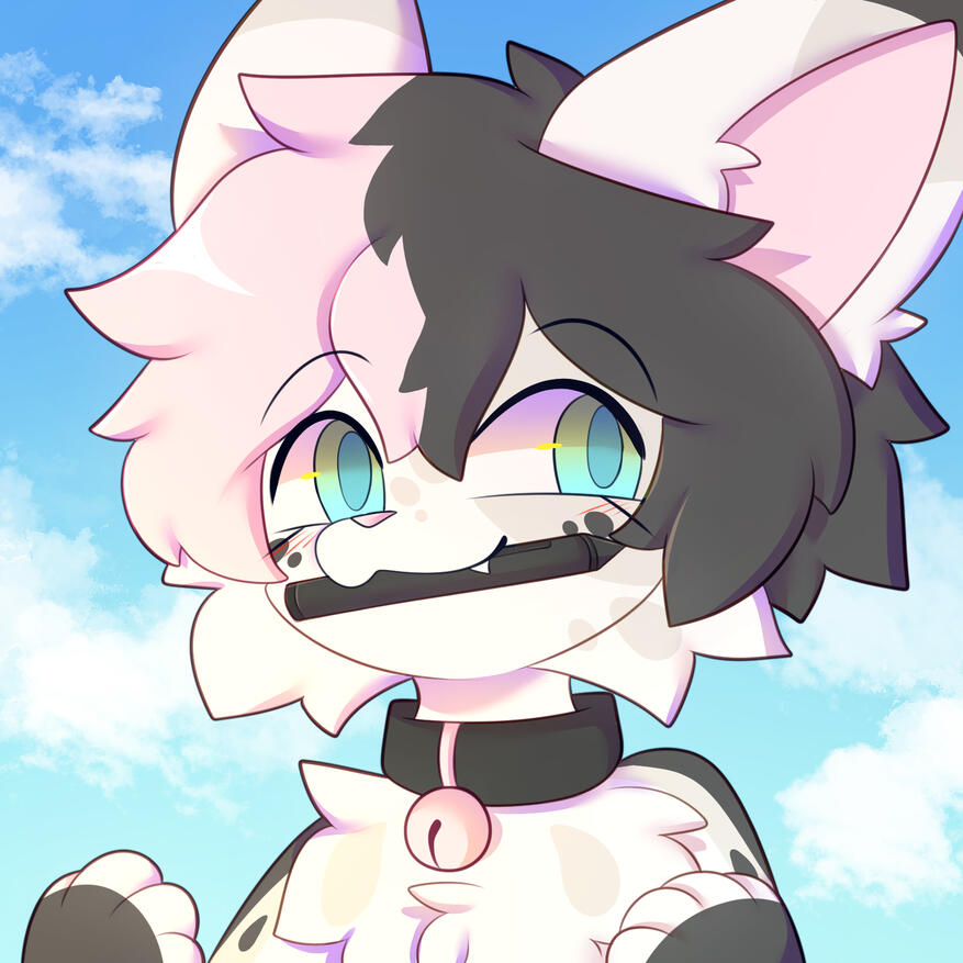 Profile picture of cat fursona with pen in mouth
